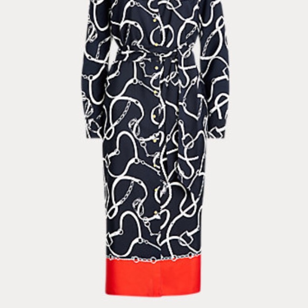 Lauren Ralph Lauren Navy and White Chain-Print Maxi Dress with Red Hem